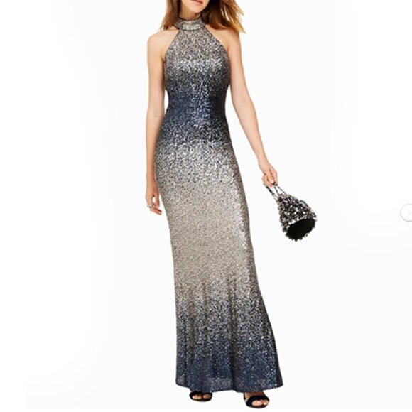 Betsy & Adam Size 2 Long Dress Gown Ombre Sequins Mock Neck Sleeveless Blue - Picture 1 of 16
